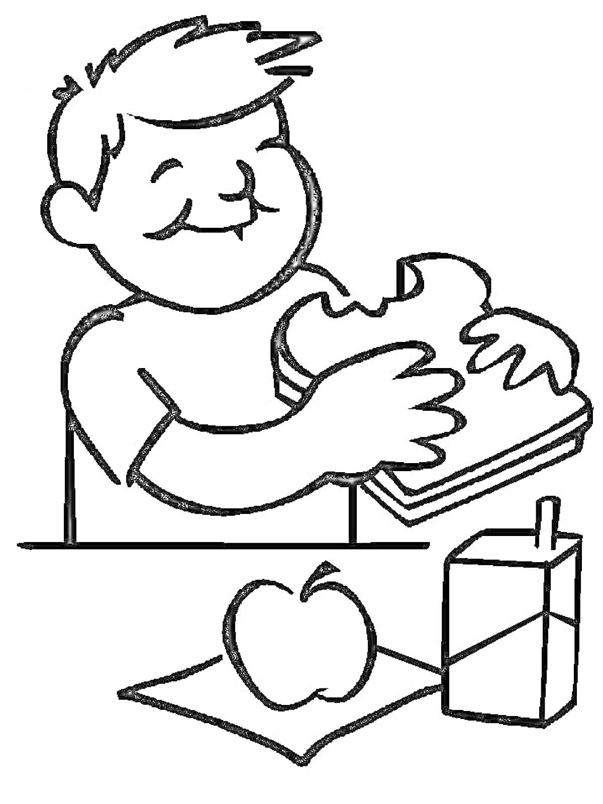 Раскраска Ребёнок ест бутерброд за столом, с курицей и соком рядом