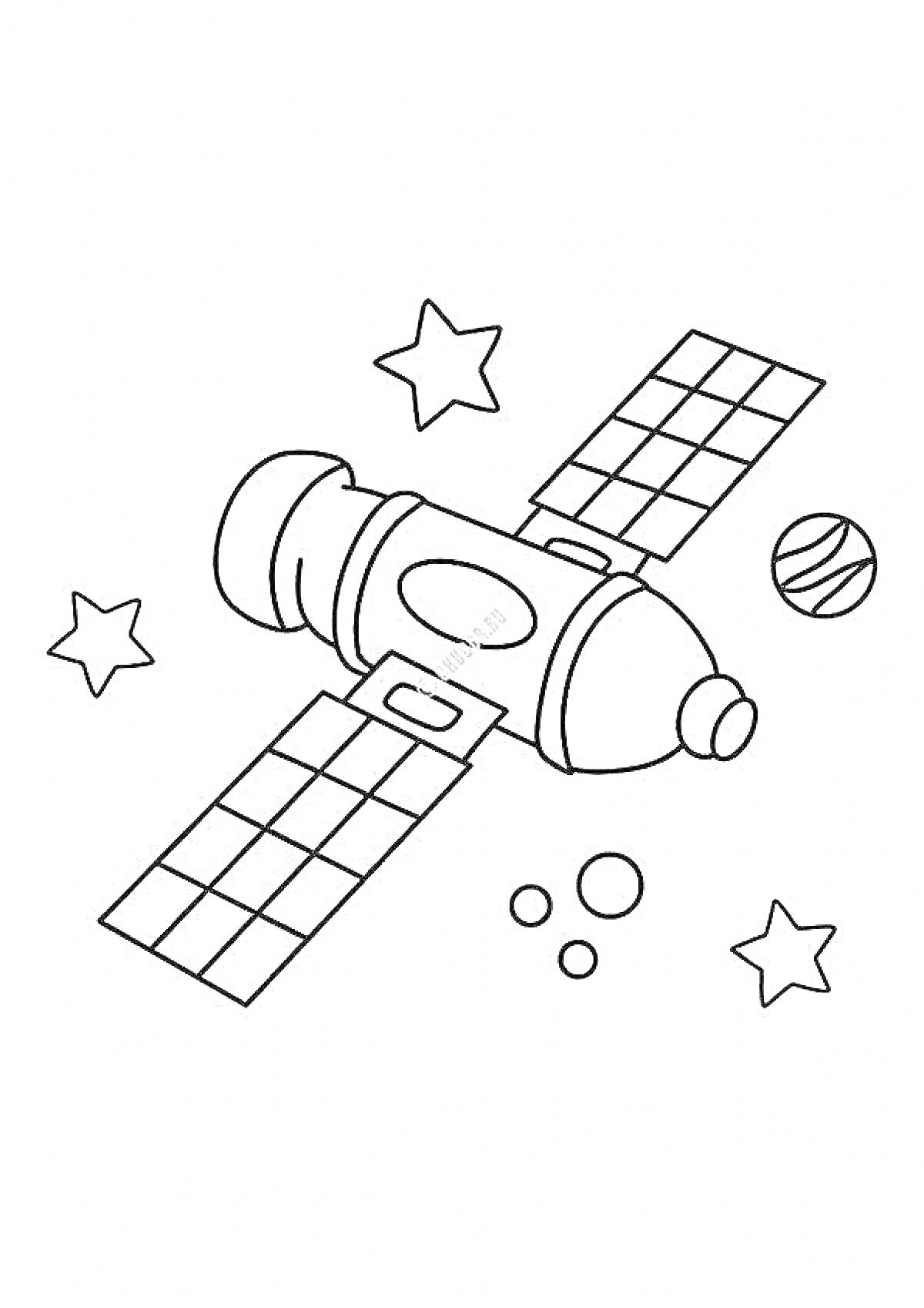 Раскраска Спутник с солнечными панелями, звездами и планетами