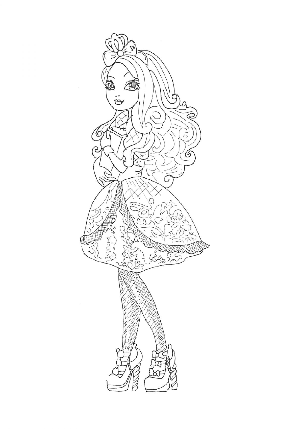 Раскраска Девочка с длинными волнистыми волосами, с украшением в виде банта, в платье с кружевными деталями, в узорчатых чулках и на высоких туфлях с бантиками