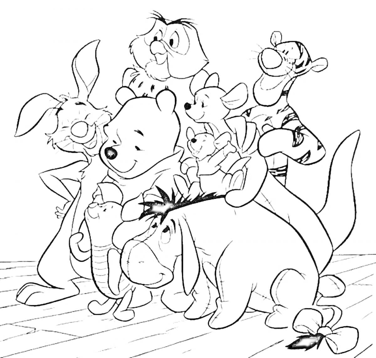 Раскраска Винни-Пух и его друзья (Кролик, Сова, Пятачок, Тигруля, Иа-иа, Ру, Кенга)