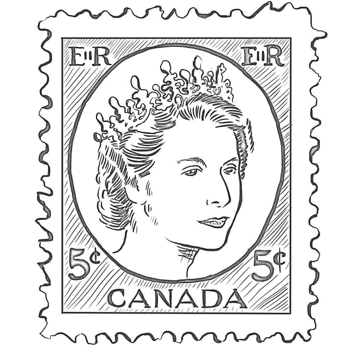 На раскраске изображено: Марка, Канада, Женщина, Корона, Почтовая марка