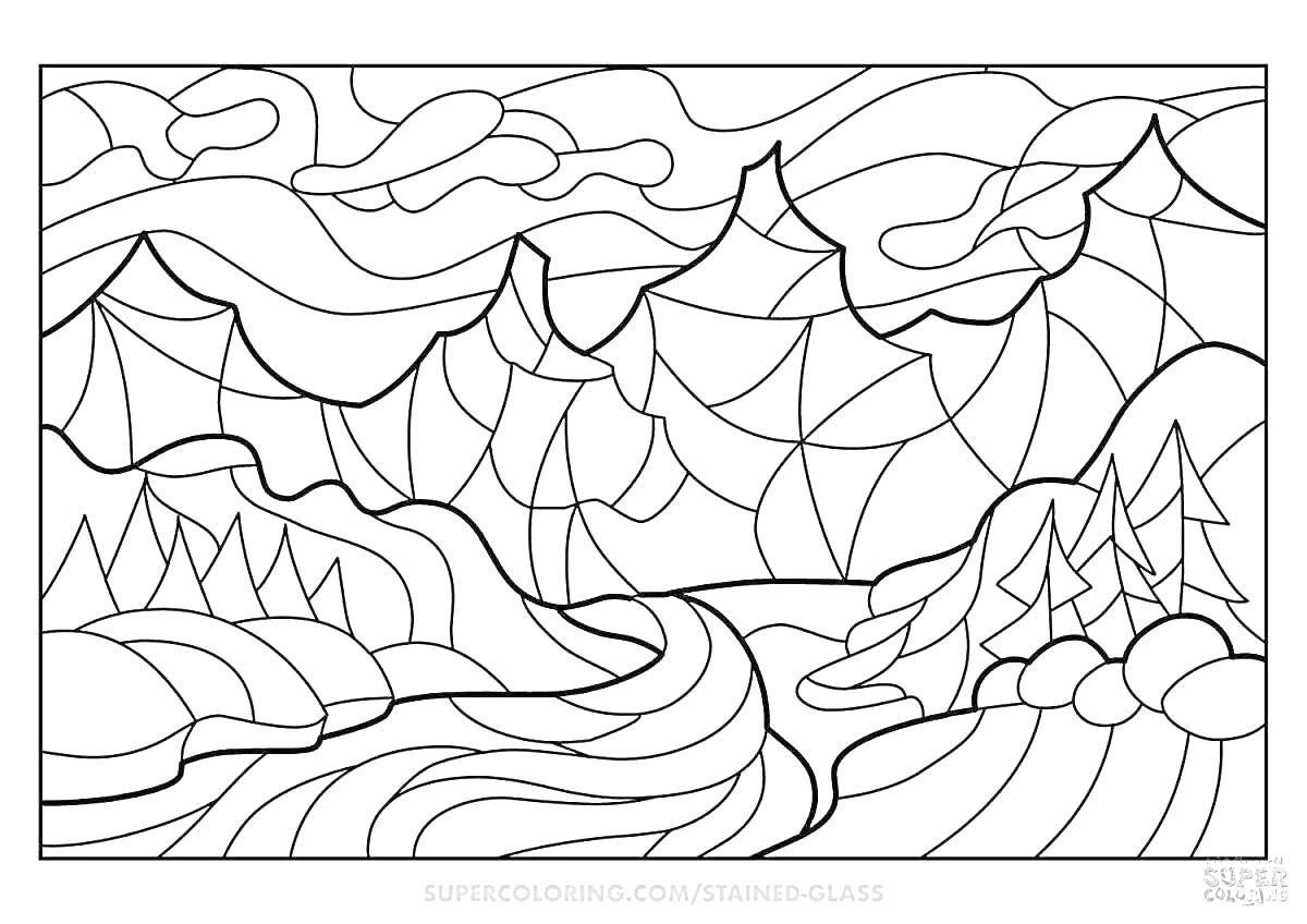 Раскраска Витраж с горами, рекой и деревьями