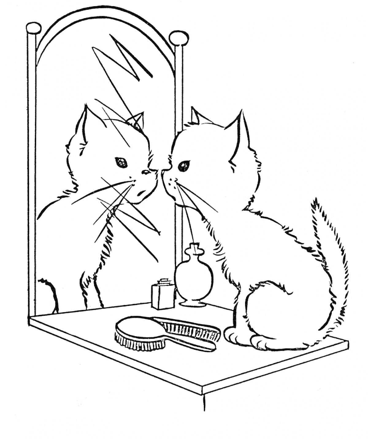 Котенок перед зеркалом, на столике расческа и флакон