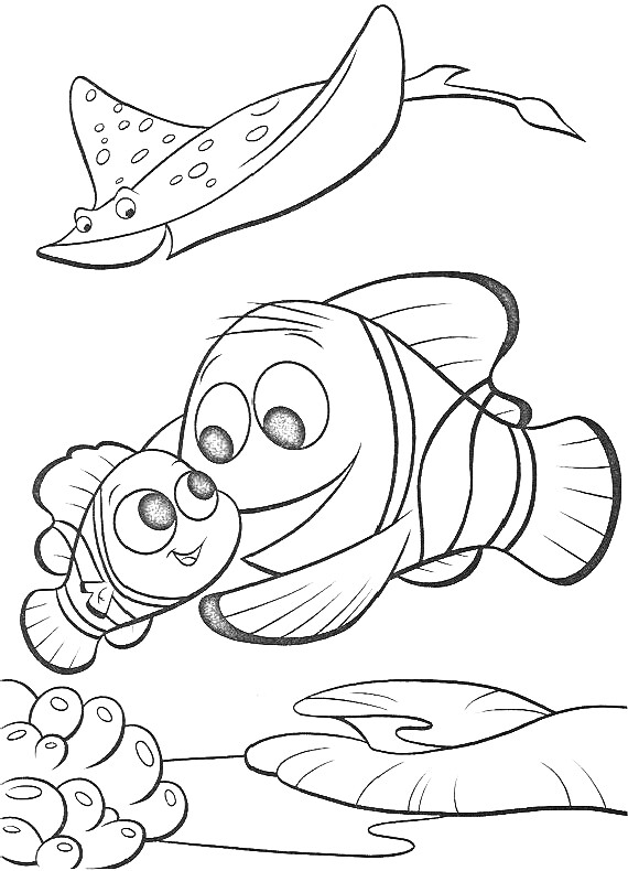 Рыбка-клоун и её малыш, скат, кораллы и морское дно