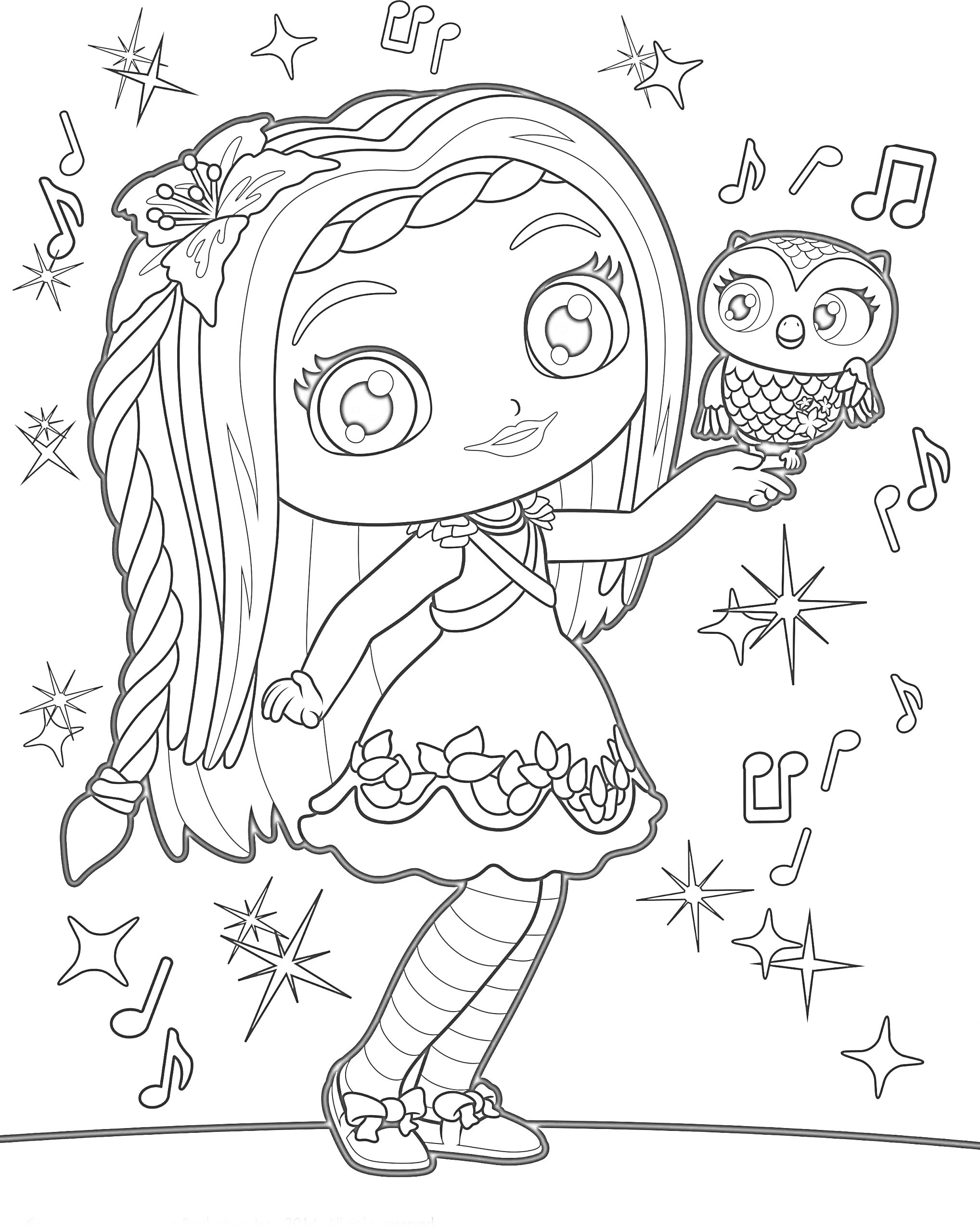 Раскраска Девочка с совой на руке на фоне звезд и музыкальных нот