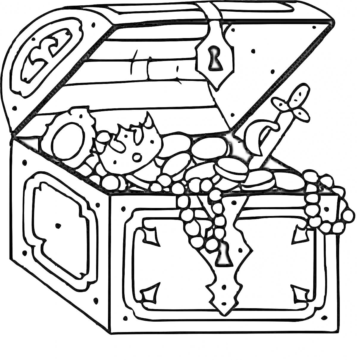 Раскраска Сундук с сокровищами: корона, золотые монеты, жемчужное ожерелье, кинжал
