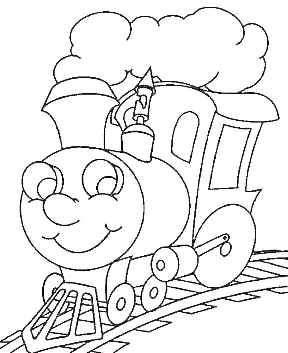 Раскраска Паровозик с улыбкой на железной дороге под облачным небом