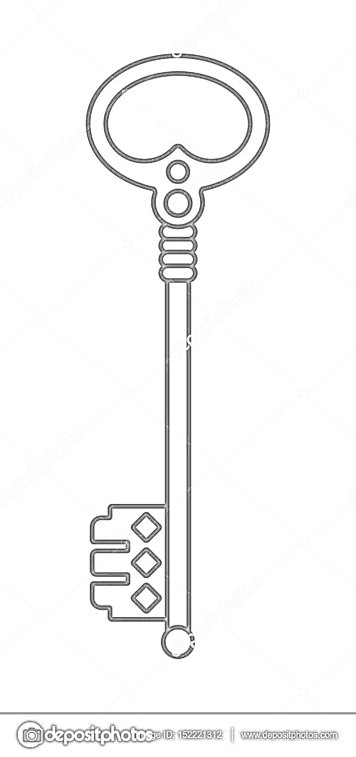 Раскраска Черно-белая раскраска с изображением золотого ключика, с круглым навершием, узорчатой рукояткой и набором из трех зубцов в виде ромбов на концах