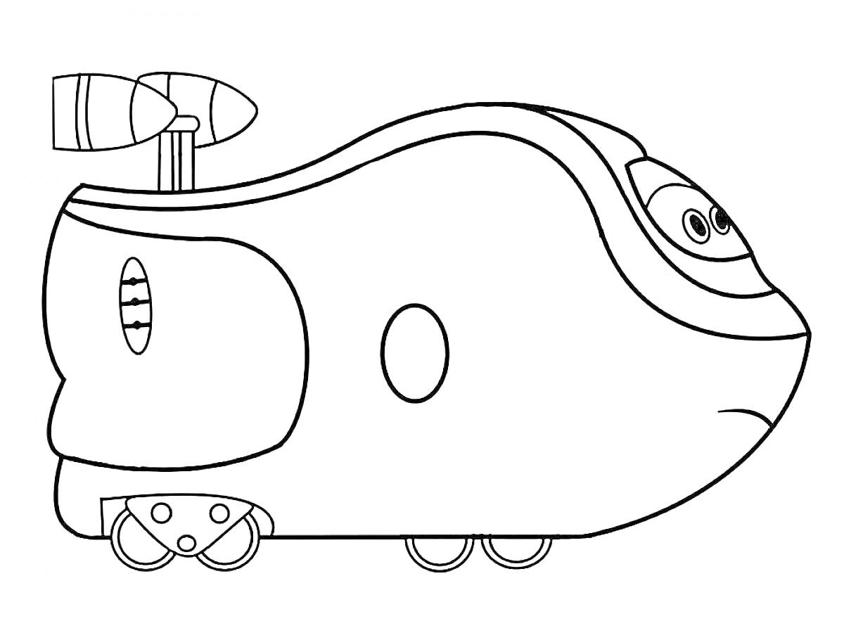 Раскраска Паровозик Тишка с глазами, колесами и пропеллером