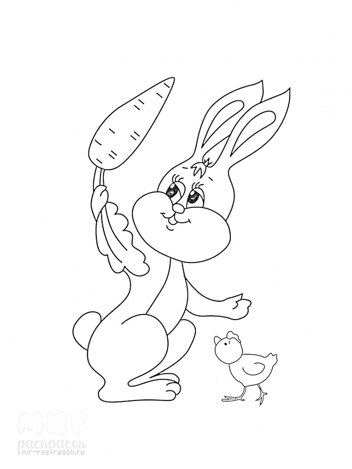 Раскраска Кролик с морковкой и цыплёнок