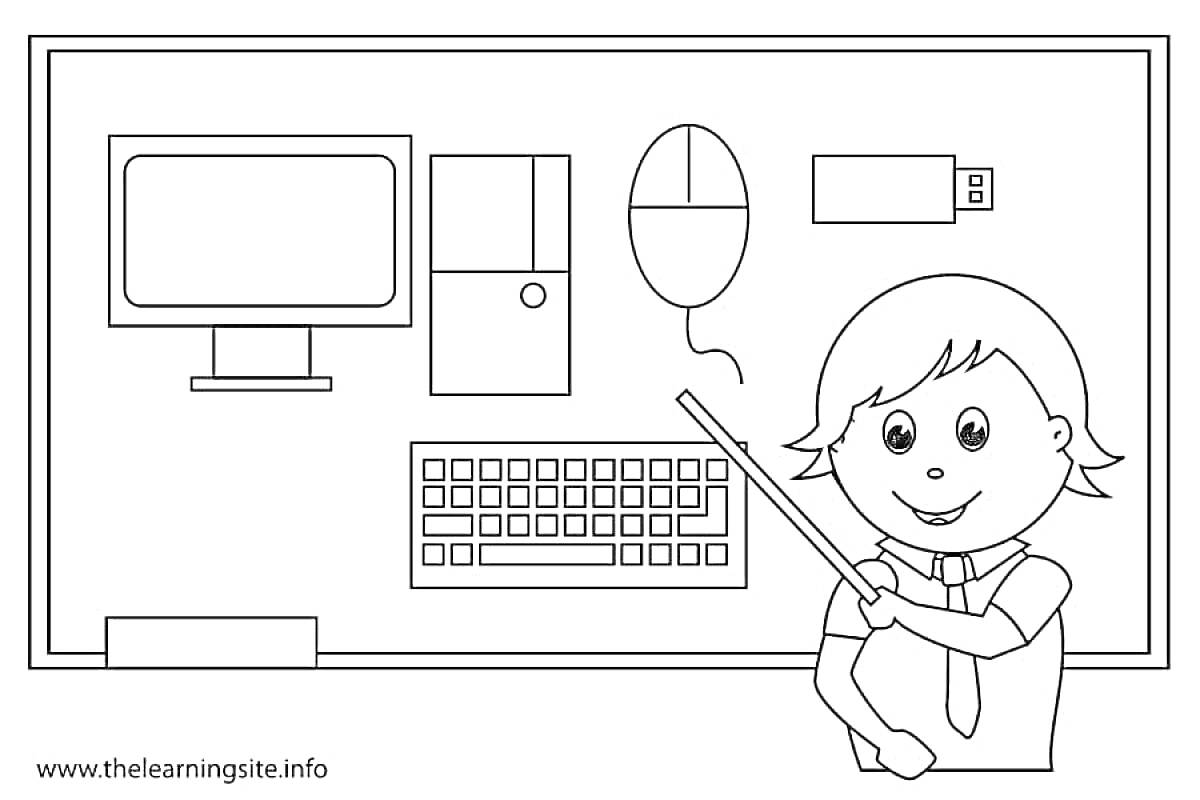 Ребенок с указкой у доски с изображением монитора, системного блока, мыши, клавиатуры и флешки