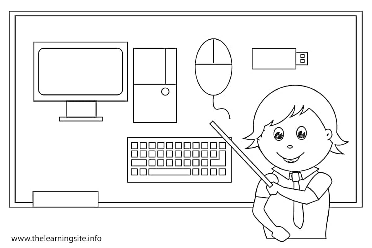 На раскраске изображено: Ребенок, Указка, Доска, Монитор, Системный блок, Мышь, Клавиатура, Флешка, Компьютер, Техника