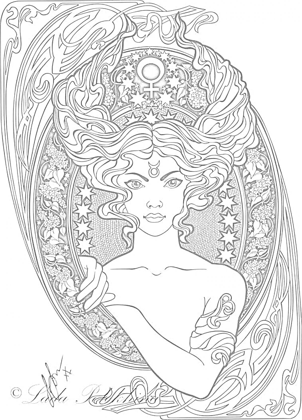 Раскраска Женщина со знаком Венеры и длинными волнистыми волосами на фоне овала с орнаментом, звезды, цветы и растительный узор