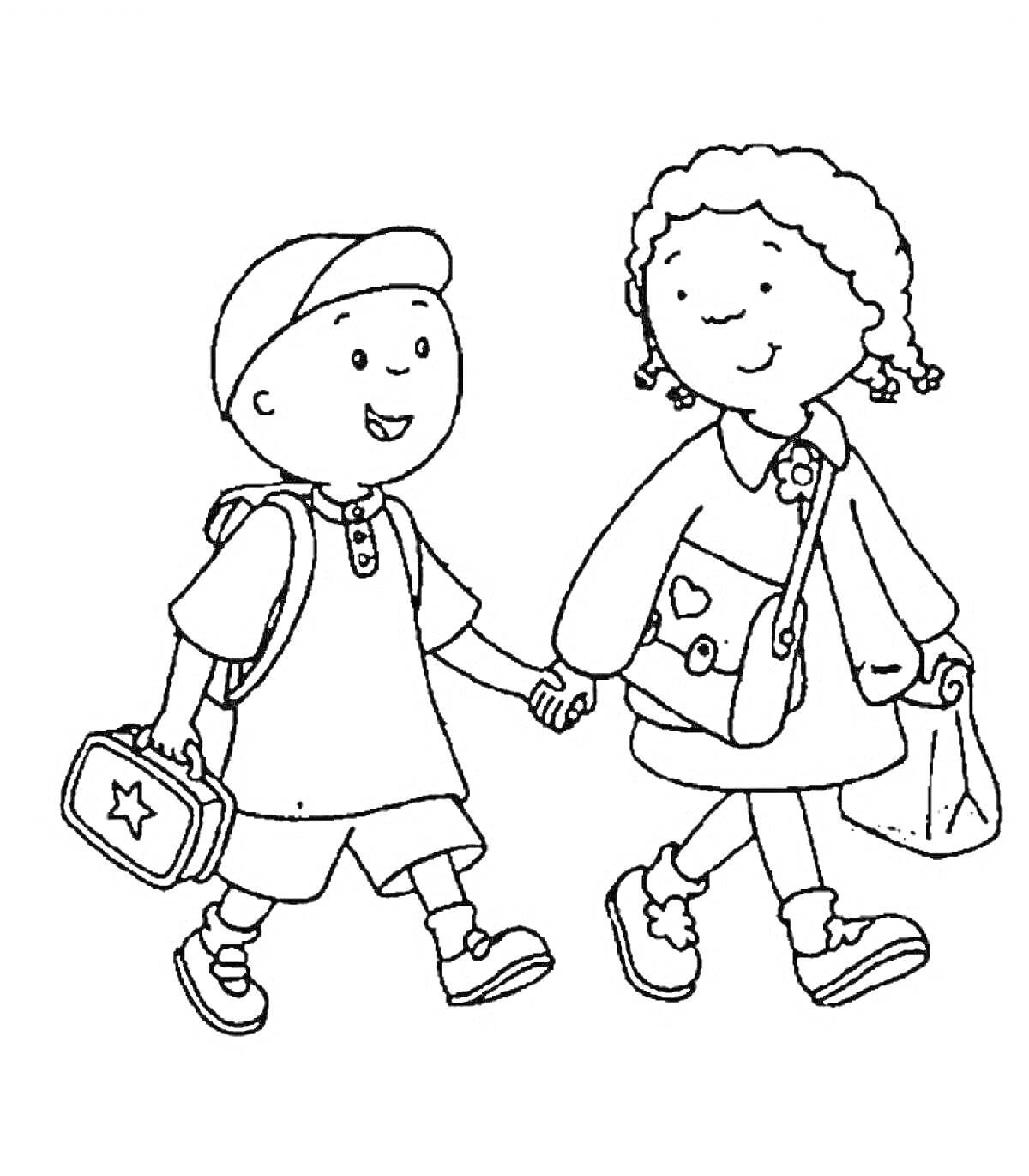 Мальчик и девочка держатся за руки, мальчик с рюкзаком и ланчбоксом, девочка с сумочкой и пакетом