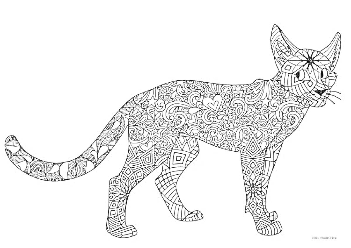 Раскраска Кот с орнаментом - узоры, цветы, сердечки, геометрические формы