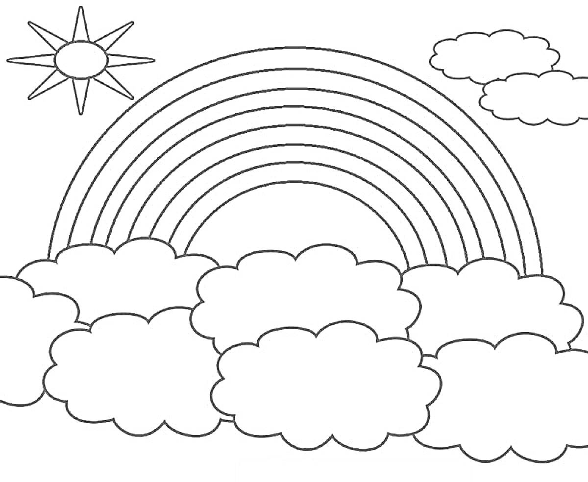 Раскраска Радуга, облака, солнце и две небольшие тучки