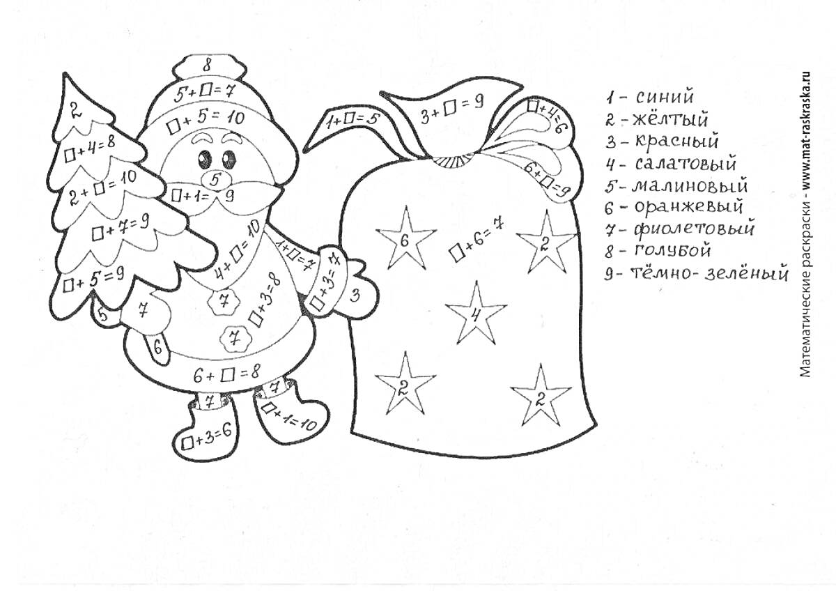 Раскраска Человек с елкой и мешок с подарками с указанными математическими выражениями