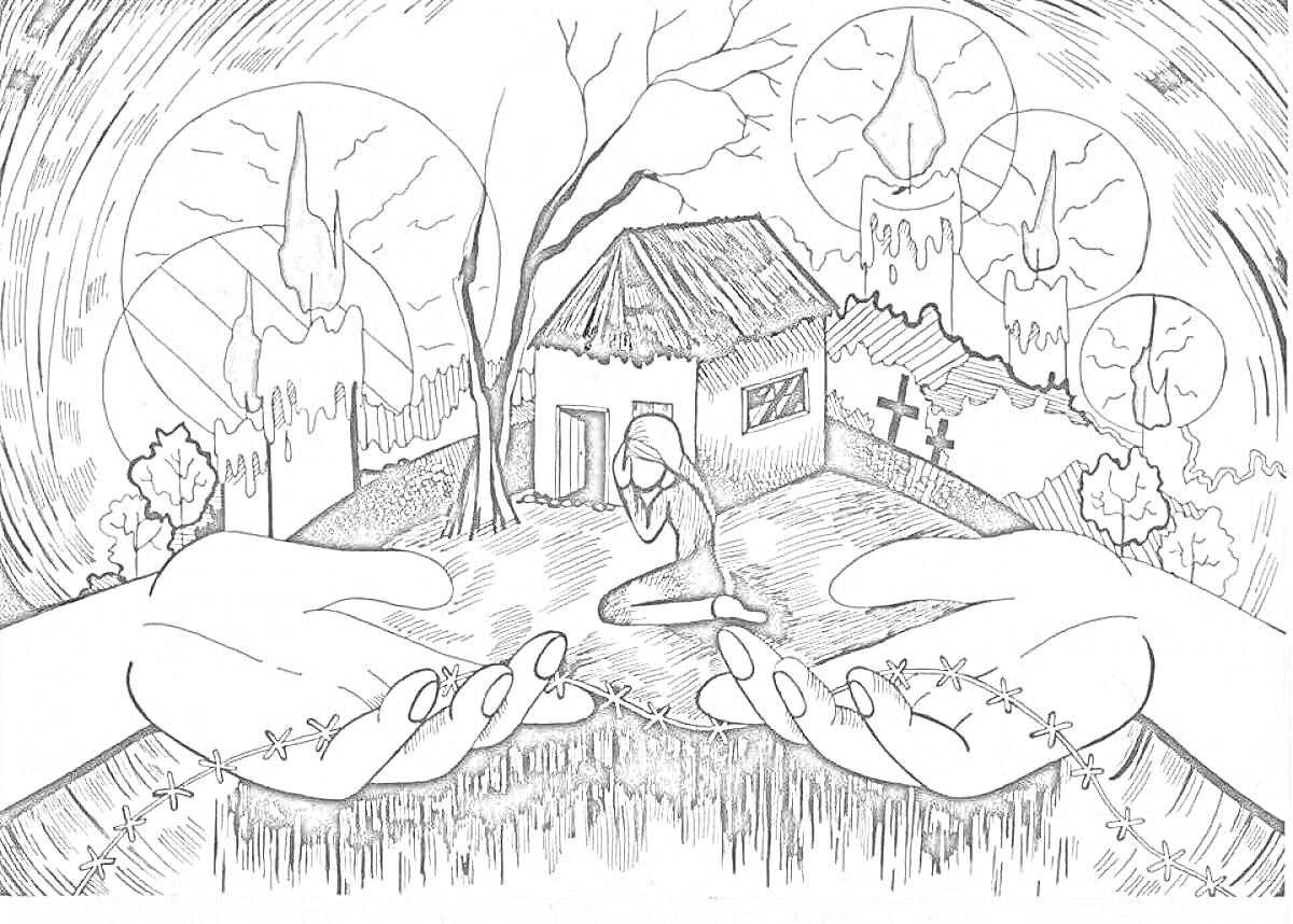 Сожжённый дом, молящаяся девушка, колючая проволока в руках, кресты, деревья и свечи на фоне