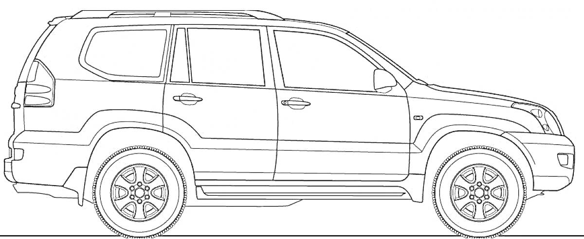 Раскраска Внедорожник крузак сбоку с четырьмя дверями и колесами