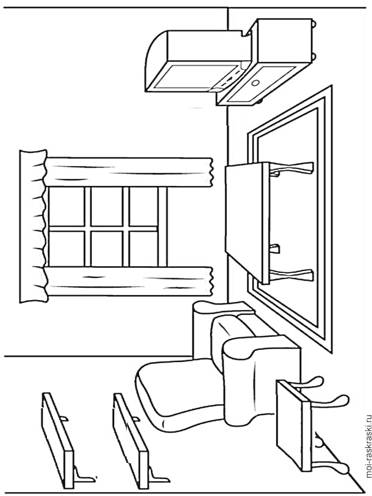 Раскраска Комната с мебелью: окно с занавесками, кресло, стол с ковром, тумба с телевизором, две книжные полки