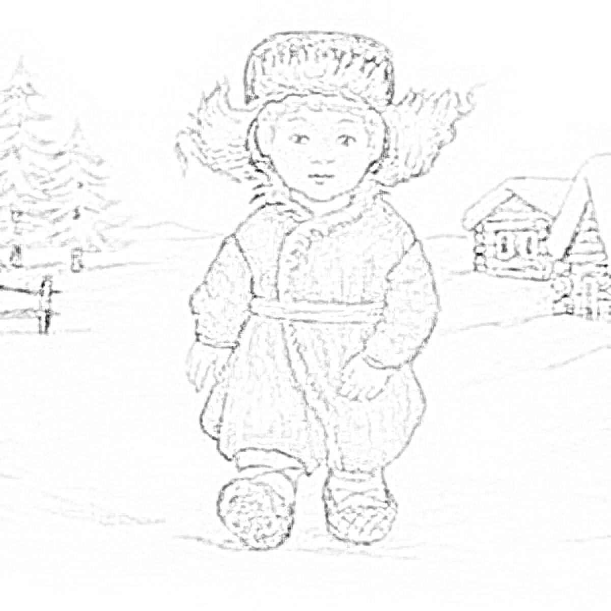 На раскраске изображено: Мальчик, Зима, Деревня, Снег, Шуба, Дом, Деревья, Забор