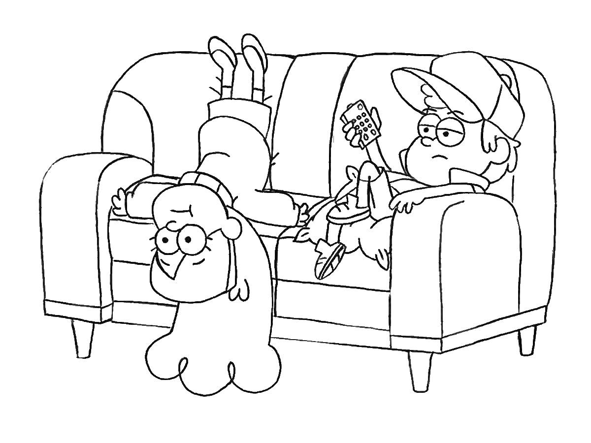 Двое детей на диване из Гравити Фолз, девочка на спинке дивана верх ногами, мальчик в кепке с пультом управления