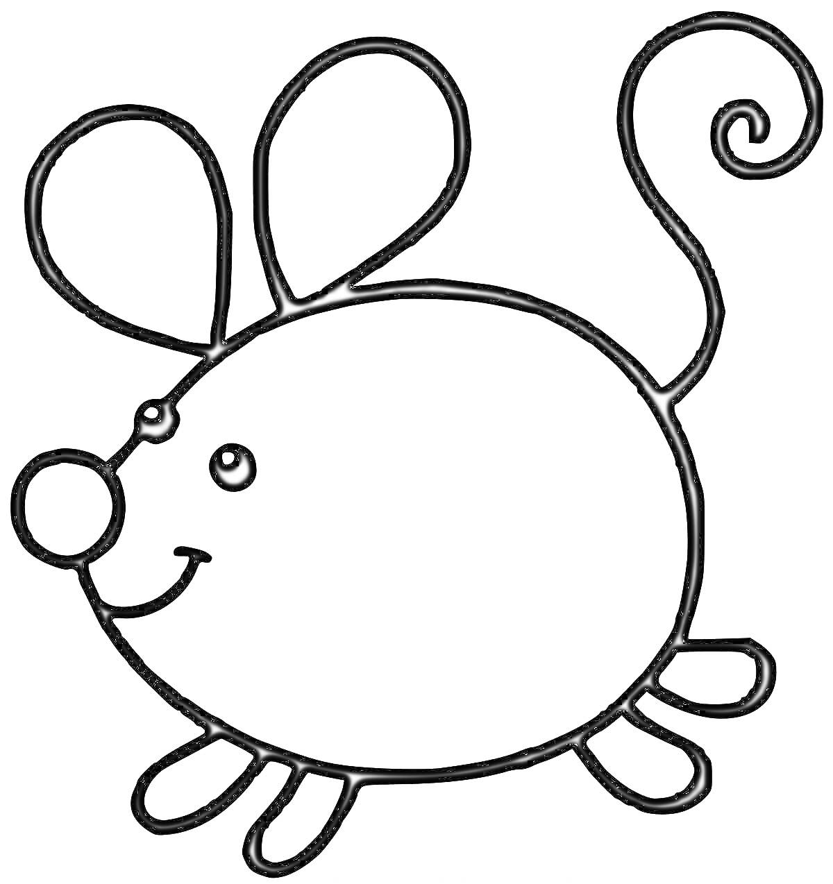 Раскраска Мышка с большими ушами, круглым туловищем, закрученным хвостом и маленькими лапками