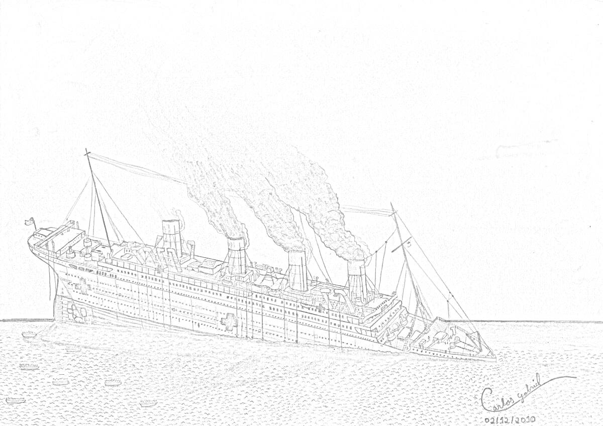 На раскраске изображено: Корабль, Британик, Тонет, Море, Спасательные шлюпки, Подпись