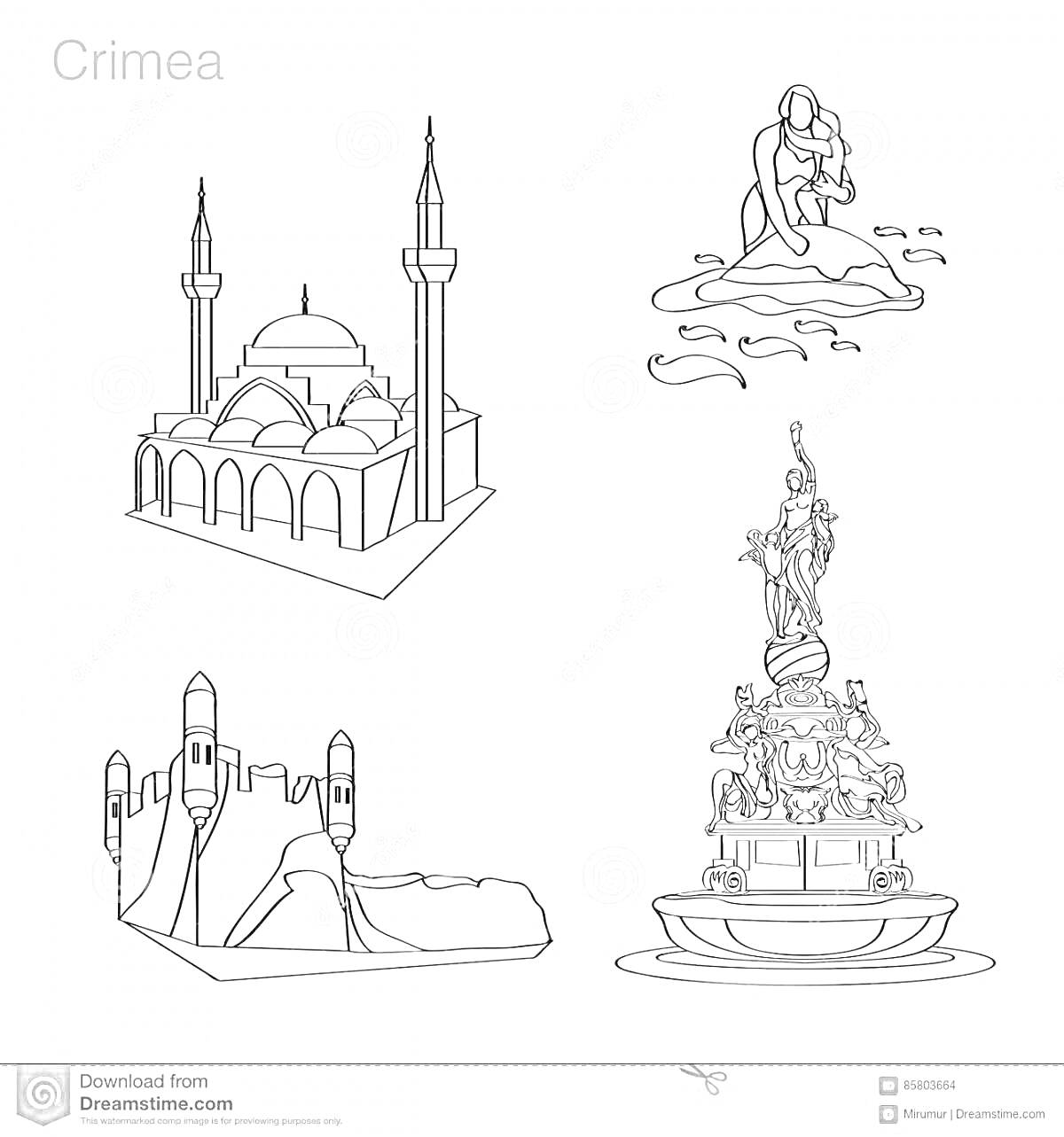 На раскраске изображено: Крым, Достопримечательности, Мечеть, Минарет, Человек, Крепость, Фонтан, Статуя, Пьедестал