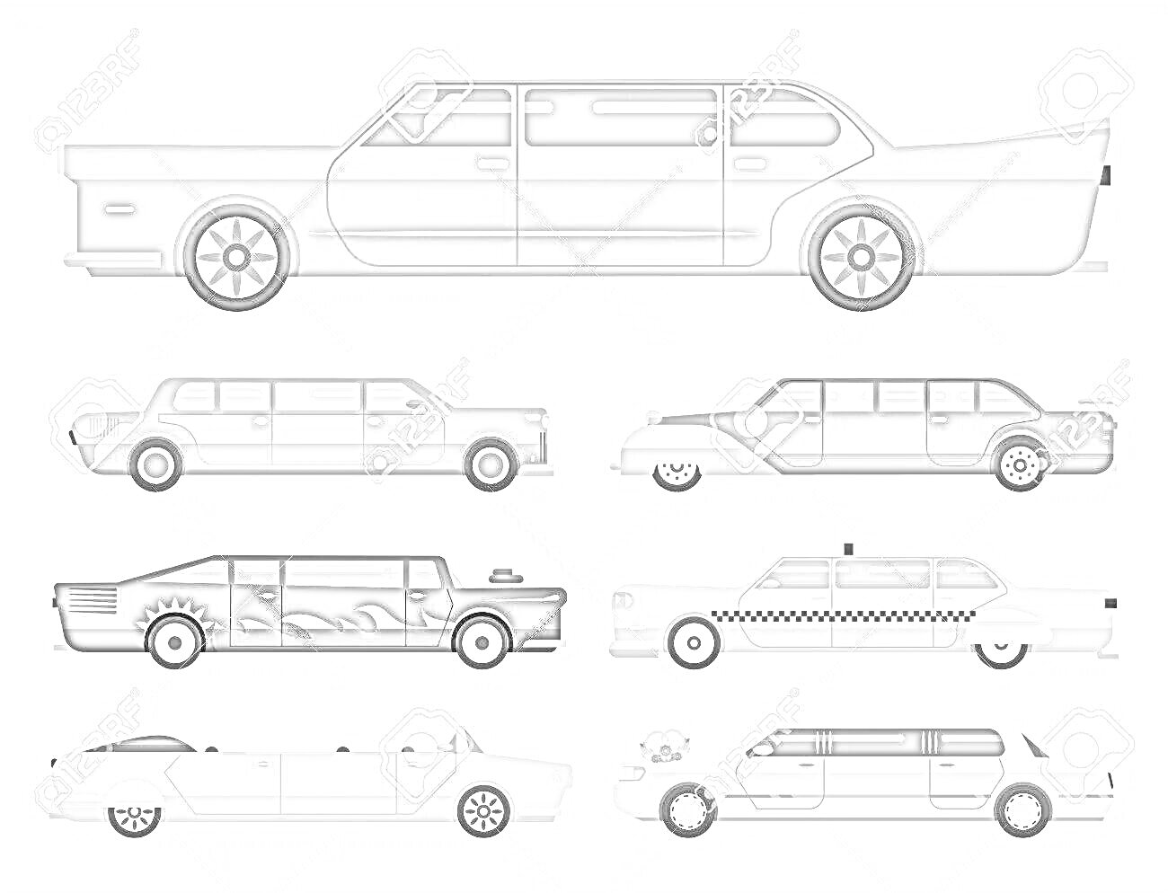 Раскраска Разноцветные лимузины для детей