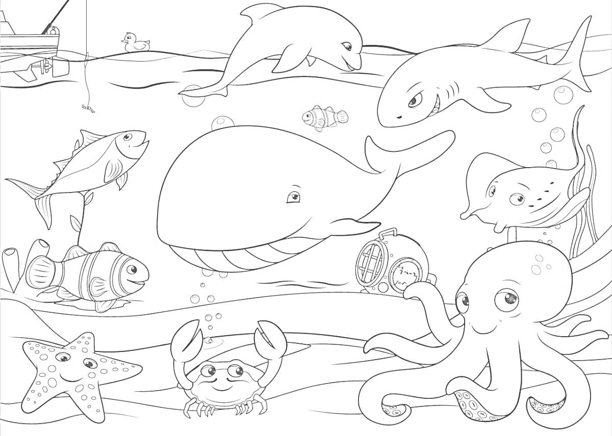 На раскраске изображено: Подводный мир, Морские животные, Рыба, Краб, Морская звезда, Кораллы, Лодка, Море, Для детей, Акулы, Дельфины, Киты, Морские обитатели, Океаны, Осьминоги