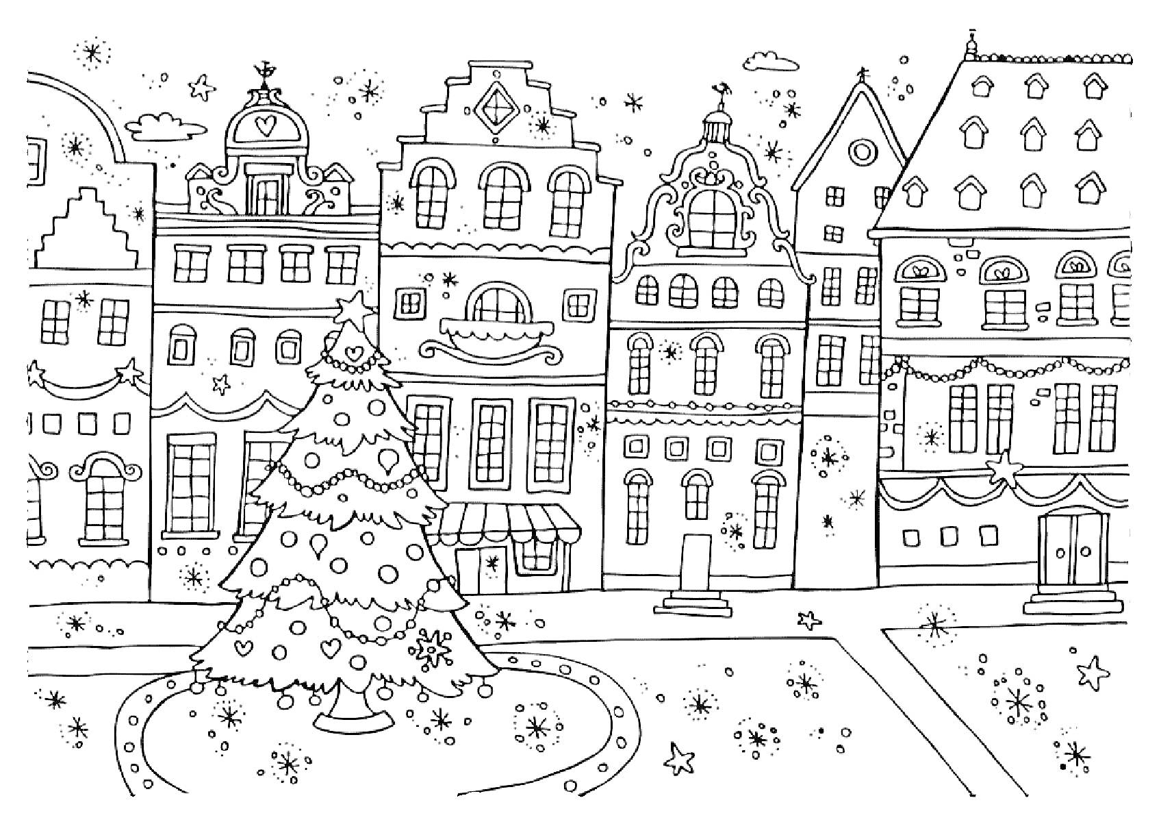 Рождественский город с ёлкой и зданиями: украшенная ёлка, старинные здания, витрина с навесом, окна, двери, снежинки, звёзды, рождественские украшения