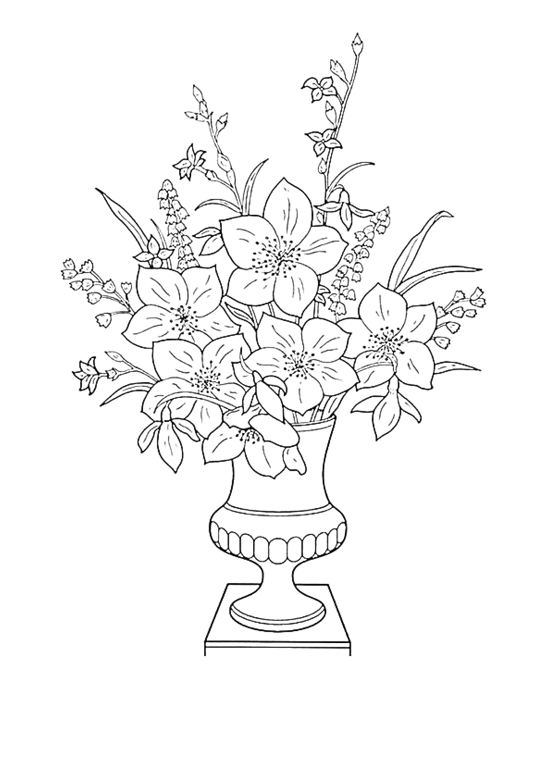 На раскраске изображено: Ваза, Цветы, Листья, Букет цветов, Контурные рисунки