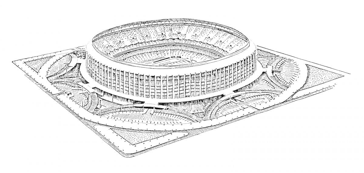 Раскраска Раскраска со стадионом, стадион с трибунами, арена для спортивных мероприятий, окружающая территория с дорожками и растительностью