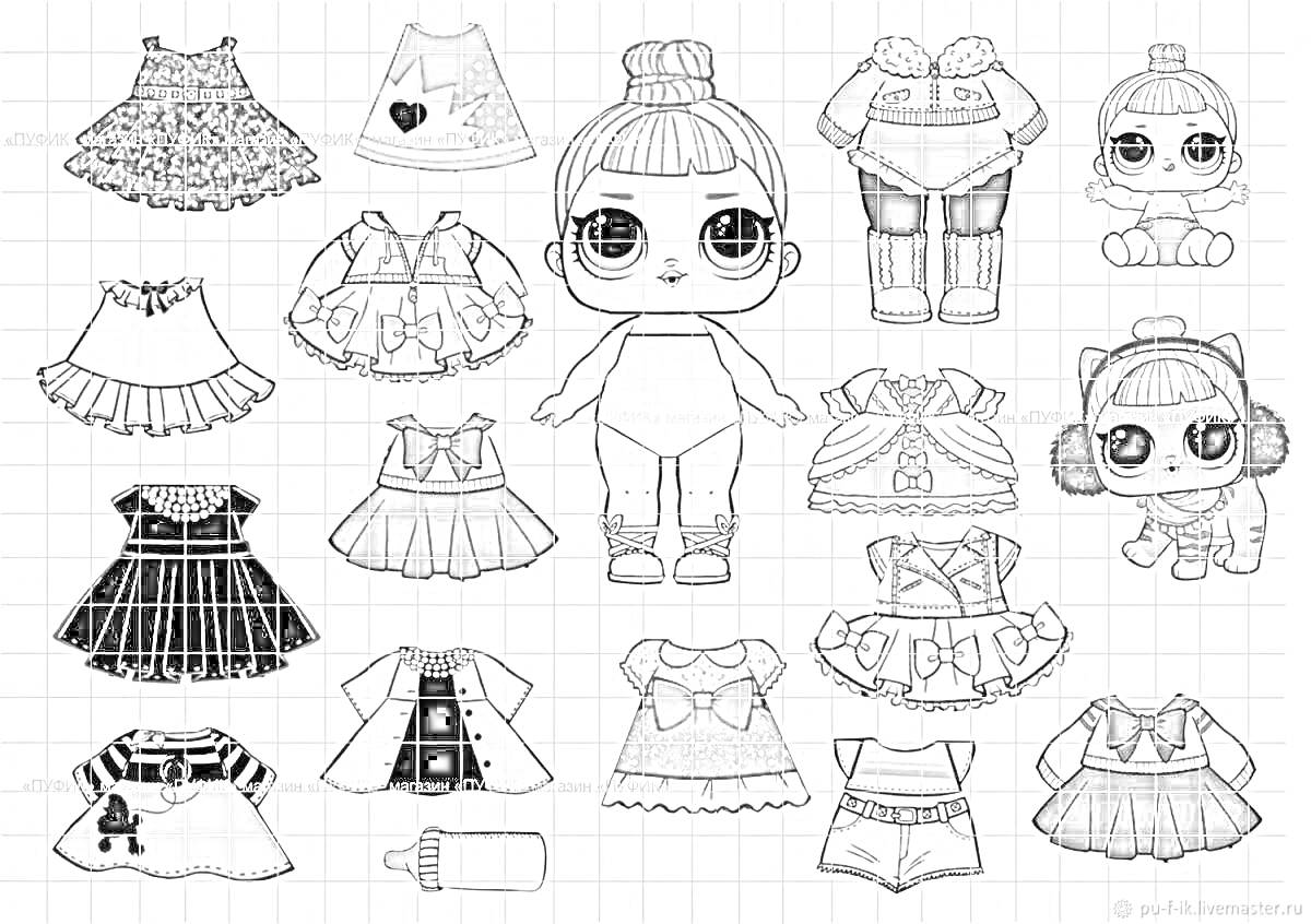 Раскраска ЛОЛ кукла в купальнике с одеждой, включая платья, юбки, кофты, шорты, штаны, головные уборы и бутылочку