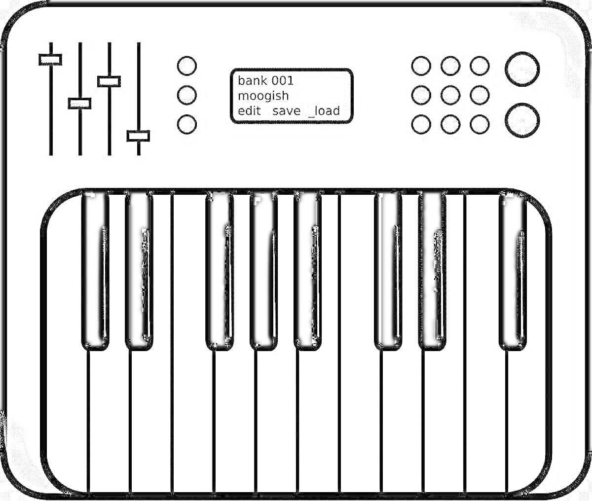 Раскраска Синтезатор с панелью управления, клавиатурой, дисплеем и регуляторами