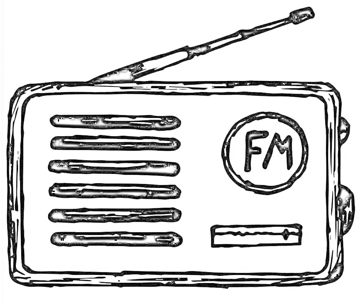 Раскраска Радио с антенной, регуляторами громкости и переключателями каналов FM