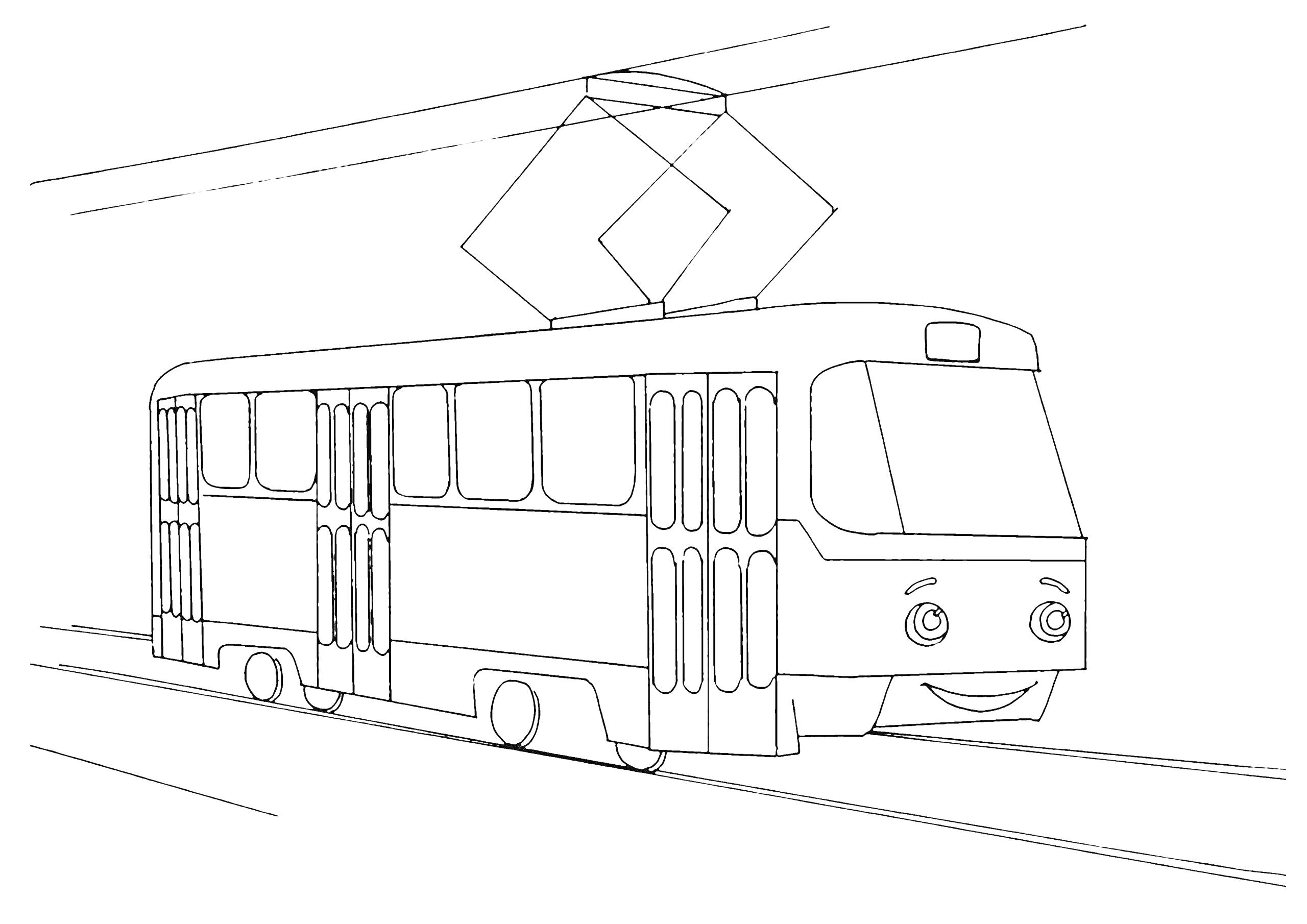На раскраске изображено: Трамвай, Рельсы, Транспорт, Городской транспорт, Электричество, Линии