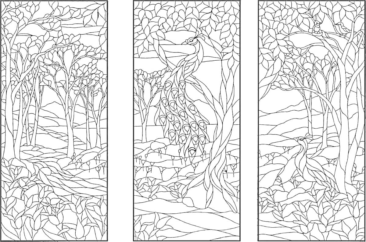 Раскраска Витражные окна с павлином среди деревьев