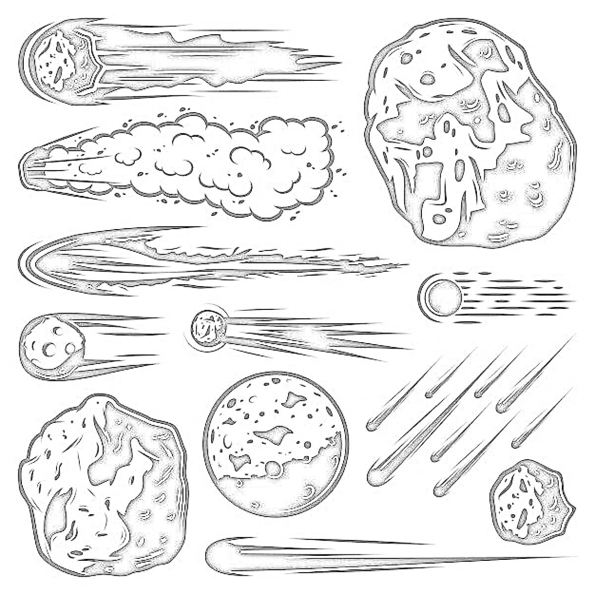 Раскраска метеориты, астероиды, кометы, метеоры и следы их движения