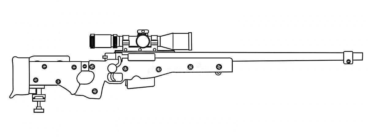 На раскраске изображено: Снайперская винтовка, AWM, Оружие, Оптический прицел, Карабин, Ножки, Контурные рисунки