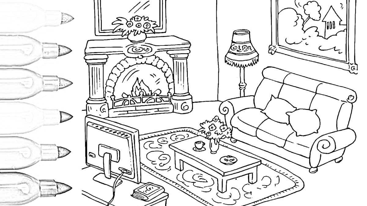 Гостиная с камином, телевизором, диваном, торшером и ковром