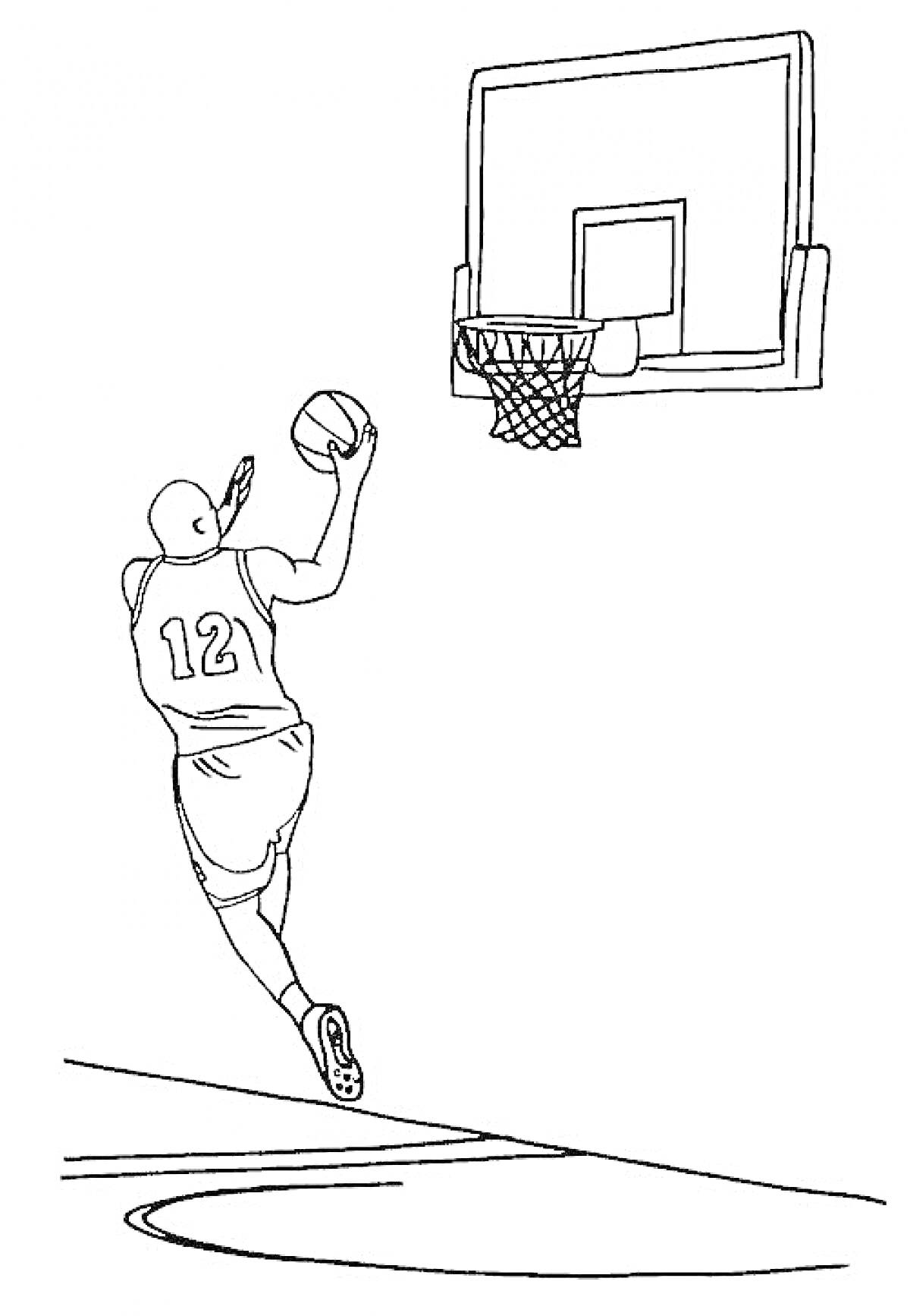 Раскраска Баскетболист в прыжке у кольца с мячом и щитом