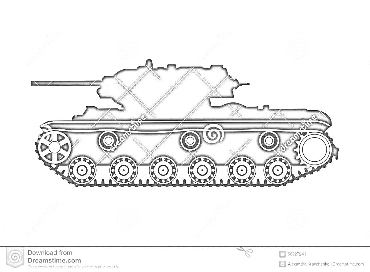 На раскраске изображено: Танк, КВ-1, Гусеницы, Орудие, Военная техника