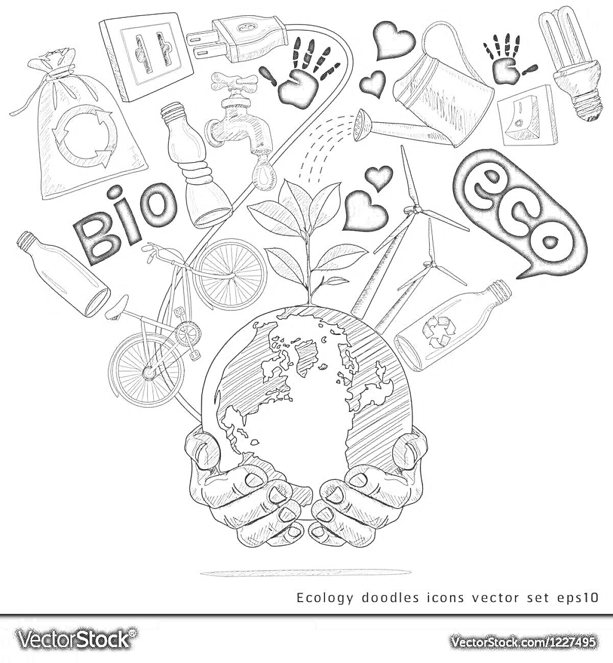 Раскраска Земной шар в руках с символами экологического образа жизни: велосипедом, энергосберегающей лампой, ветровыми турбинами, бутылками, краном с водой, деревом, экосумкой, следами рук, надписями Bio и Eco.