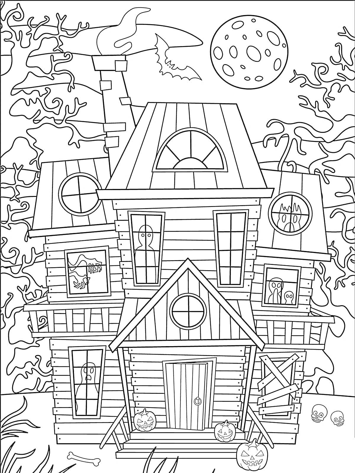 На раскраске изображено: Заброшенный дом, Привидения, Луна, Дымоход, Окна