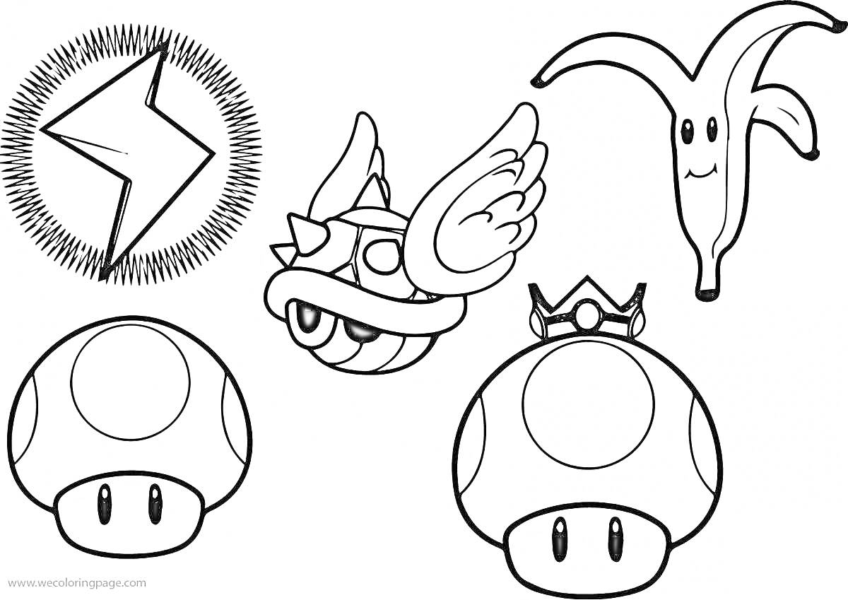 Раскраска Гриб Марио с элементами крылатого панциря, банана и молнии