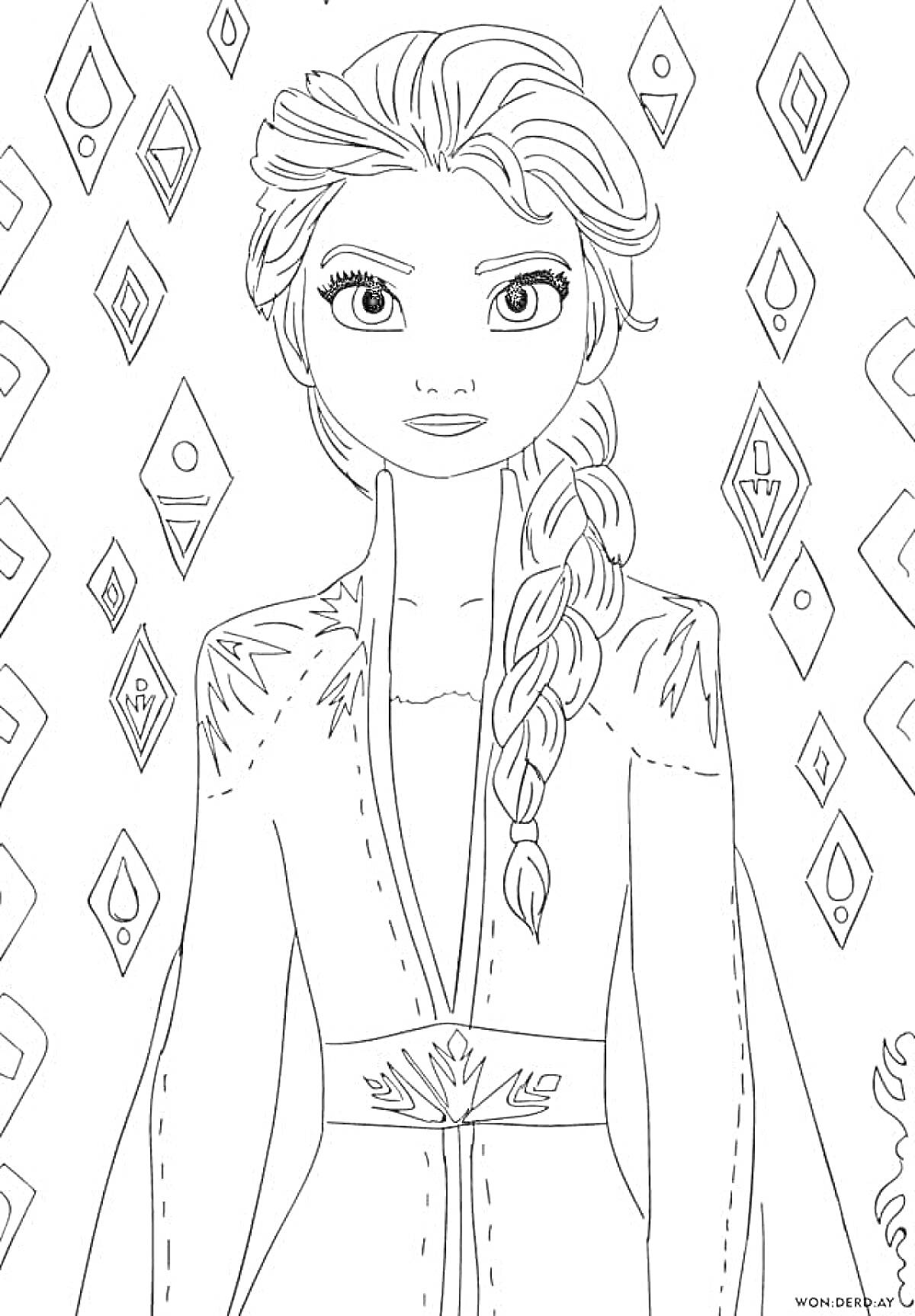 Раскраска Персонаж в платье с косой и алмазоподобные фигуры на фоне