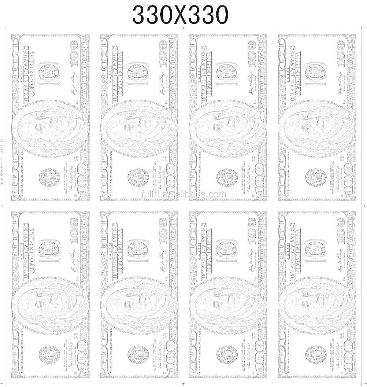 Раскраска Листы с купюрами по 100 долларов, 9 купюр на листе, повторяющиеся банкноты с портретом