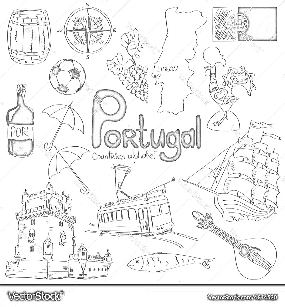 На раскраске изображено: Португалия, Вино, Компас, Карта, Футбол, Виноград, Оружие, Зонт, Трамвай, Корабль, Рыба, Гитара, Замок